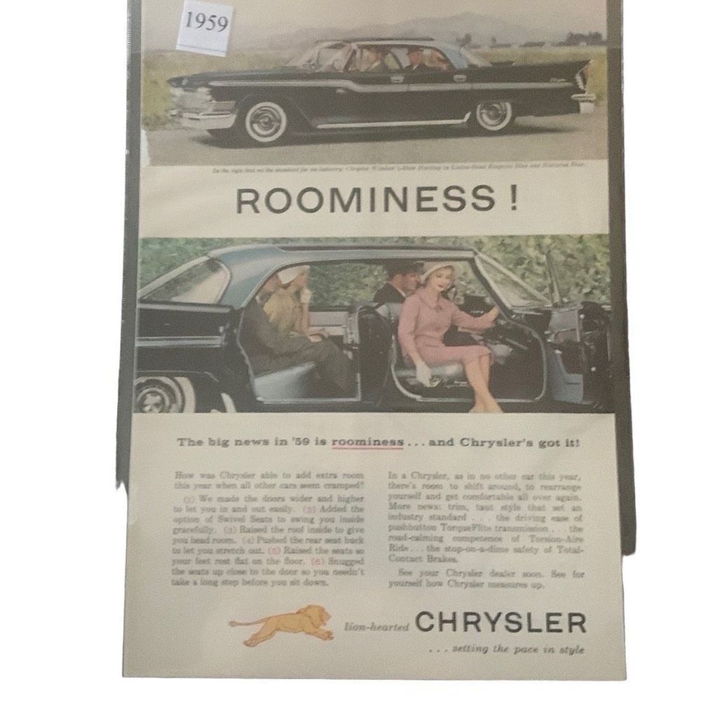 Vintage 1959 Chrysler Windsor 4-Door Roominess Ad Advertisement